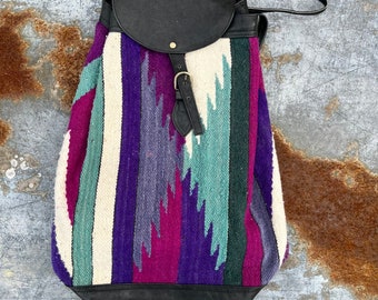 Vintage Wool & Leather Drawstring Pouch Large Backpack Aztec Print Chimayo Purple Bag