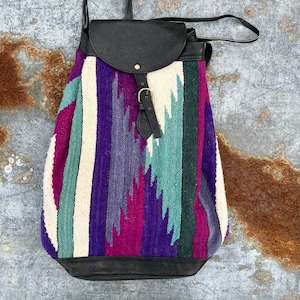 Vintage Wool & Leather Drawstring Pouch Large Backpack Aztec Print Chimayo Purple Bag
