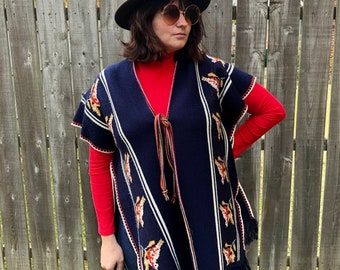 Vintage Poncho Graphic Birds Soft Acrylic Knitted Style Boho Poncho