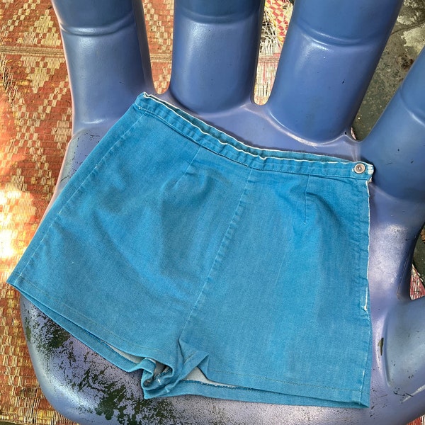 Vintage Side Zip Handmade Shorts Size 28” 1960’s Bright Blue Trousers High Waisted Tiny Shorts