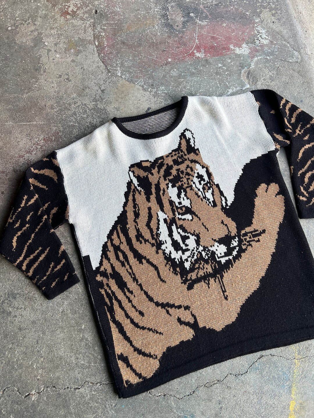 Vintage Knit Sweater Tiger Double Sided 80s Tiger Stripe Black