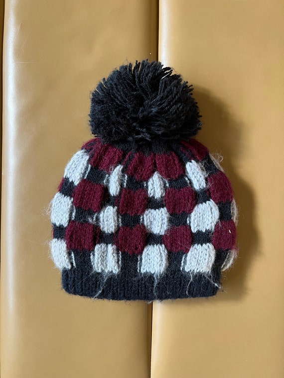 Vintage Beanie With Ball Retro Black Grey Maroon … - image 3