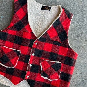 Vintage 70’s Sherpa Lined Wool Vest Red & Black Buffalo Plaid Snap Buttons With Pockets Size M