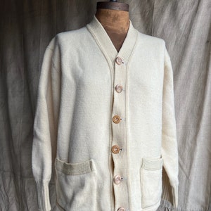 Vintage 50’s Wool Cardigan Cream Button Up Sweater Made In USA Hand Mended Size M