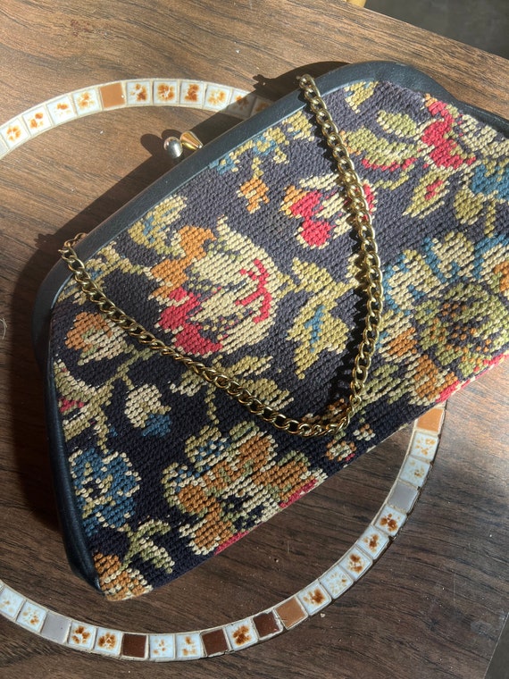 Vintage 60s Tapestry Handbag Clutch Chain Strap C… - image 2