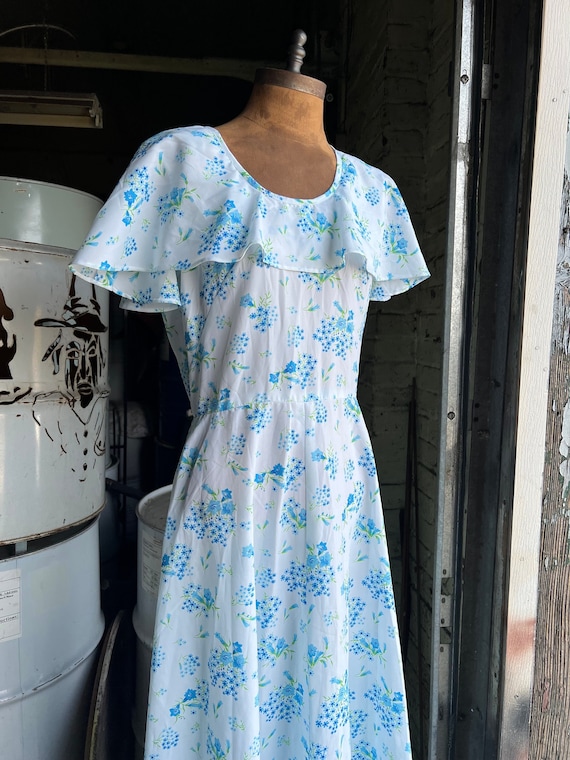 Vintage White & Blue Floral Prairie Maxi Dress - image 1