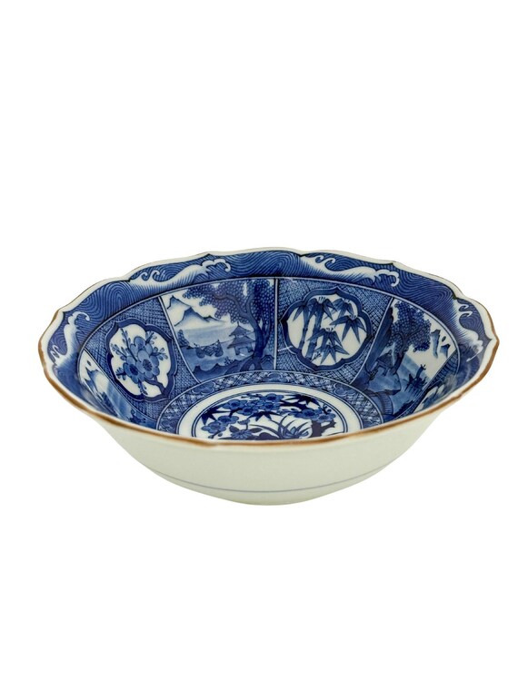 ヴィンテージアジアン風景画ボウル - 青と白の磁器風景装飾 - Etsy 日本