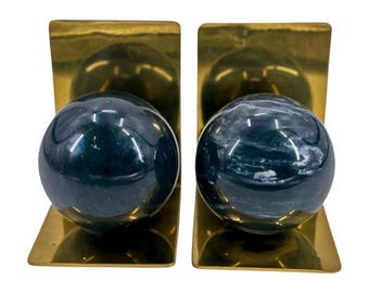 Vintage Brass & Marble Bookends – Heavy Decorative Library Accents, Midcentury Office Decor