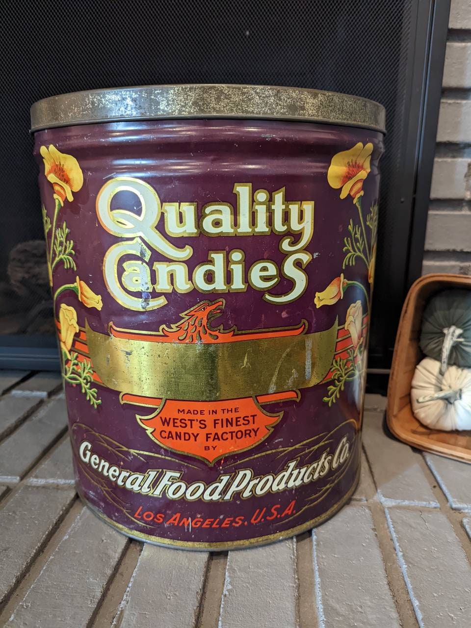 Large 1920's 30S Quality Candies Candy Hard Can - Old Original Tin From Los Angeles