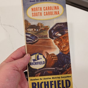 1940's Richfield Oil Company Straßenkarte von North Carolina/South Carolina Alte & Original Vintage-Karte