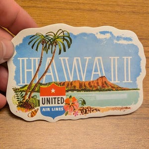 Etichetta gommata della United Airlines delle Hawaii degli anni '50 - Vecchia e originale - Decalcomania vintage per viaggio o valigia