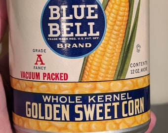 Etiqueta de lata de maíz dulce dorado Blue Bell de 1943. Original vintage, Colorado, Maryland, década de 1940.