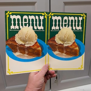Carpeta de menú de fuente de soda de tarta de manzana de los años 50, hoja de menú de helados, papelería - NOS - En blanco para su marca o impresión.