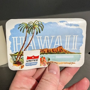 Etichetta gommata Hawaii United Airlines anni '50 - Vecchia e originale - Adesivo vintage da viaggio o valigia