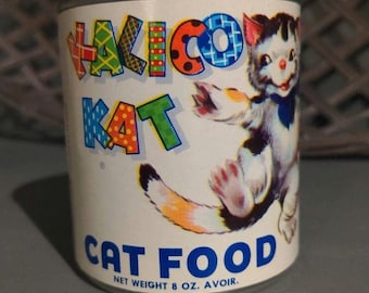 1960's Kalico Kat Cat Food can label on can - National Pet Food - Marcellus Falls, New York
