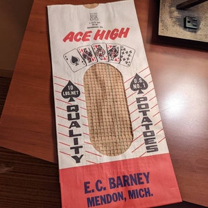 1950s 60&#39;s Ace High Brand Potatoes Sack - Old & Original - E.C. Barney Mendon, Michigan
