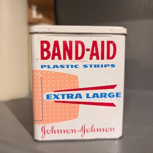 Original Vintage 1960er Jahre Pflaster Kunststoff Streifen Extra Große Pflaster Dose - leer Johnson & Johnson