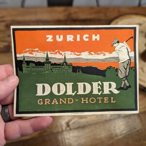 Etichetta Dolder Grand Hotel di Zurigo degli anni '40 - Vecchia e originale - Decalcomania da viaggio o valigia vintage Svizzera