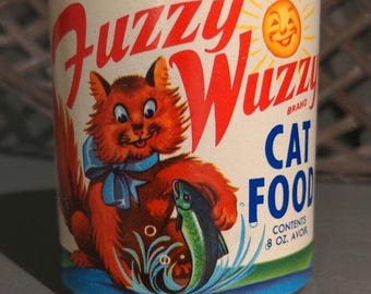 1960's Fuzzy Wuzzy Cat Food can label on can - Sherman Debbie Fisheries, Lubec, Maine