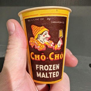 NOS 1930s  Cho Cho Chocolate Frozen Malted Cup - Carnation Co. 4oz Waxed Cup - EMPTY!