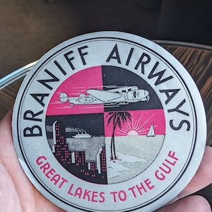 Etichetta gommata Braniff Airways Airlines dai Grandi Laghi al Golfo degli anni '50 - Vecchia e originale - Decalcomania da viaggio o valigia vintage - Versione più grande