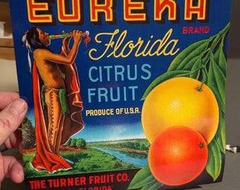 1940's Native Graphic  Eureka Brand Florida Oranges Crate Label - Old & Original - Ocala, Florida
