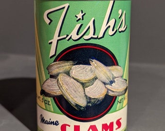 1940's/50's Fish's Maine Clams old can label on can - L.A. Fish & Co, Jonesboro, Maine