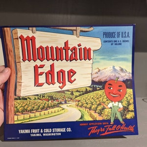 NOS Original 1940&#39;s Mountain Edge Apple Crate Label - Old & Original - Yakima,  Washington