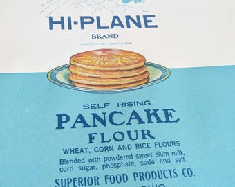 Old & Original 1920er 30er Jahre Hallo Flugzeug Pfannkuchen Mehl Papier Sack Vintage Superior Food Produkte, Findlay, OH - Vintage Label