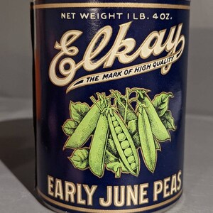 1920&#39;s Elkay Early June Peas can label on can Original Vintage