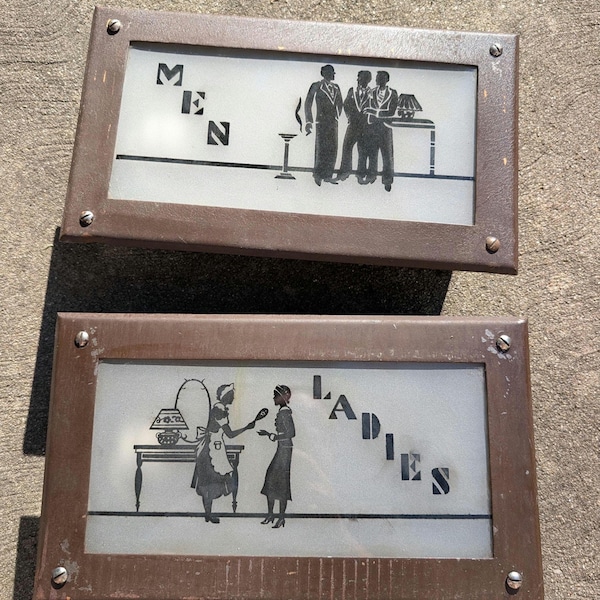 PAR de letreros para puertas de baño antiguos y originales de los años 40, pintados a mano, para hombres y mujeres - Letreros iluminados para baños - Sin usar
