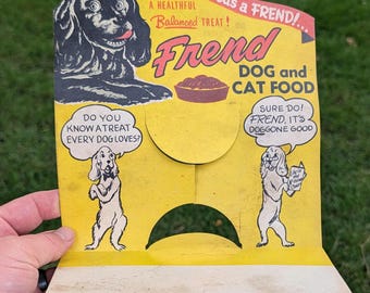 Letrero expositor de comida para perros y gatos Frend de la década de 1940 - Expositor de cartón para latas - Antiguo y original