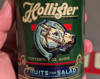 Années 20, 30, marque Hollister, Californie, boîte, étiquette, sur, boîte, millésime, original, choix : salade de fruits, épinards, pêches, poires, pruneaux