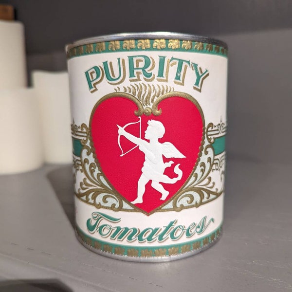 1920's Valentines Cupid Purity Tomatoes  can label on can Original Vintage, McCoy Canning, Urbana, Ohio