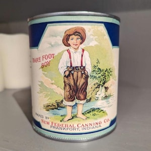 1920er Jahre Bare Foot Brand Tomaten kann auf Dose Original Vintage, NewFedered Canning, Frankfort, Indiana beschriften