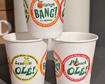 SET OF 3 NOS 1970's 80's Lemon Ole, Punch Ole, Orange Bang Vintage Waxed Paper Cup - Old & Original Ice Cream Soda Cup 5 ounce cup - Dixie