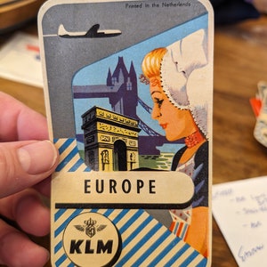 Etichetta gommata K-L-M Royal Dutch Airlines Europe degli anni '50 - Vecchia e originale - Decalcomania da viaggio o valigia vintage