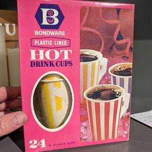 FULL Box of 24 NOS 1960&#39;s Mid Century Groovy Striped Cups - 9 ounce size - Old & Original paper cup for  Bondware -