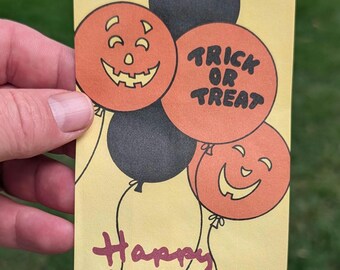 Bolsa de dulces de Halloween de los años 90, nueva, con globos de calabaza de Feliz Halloween. Arte en papel original.
