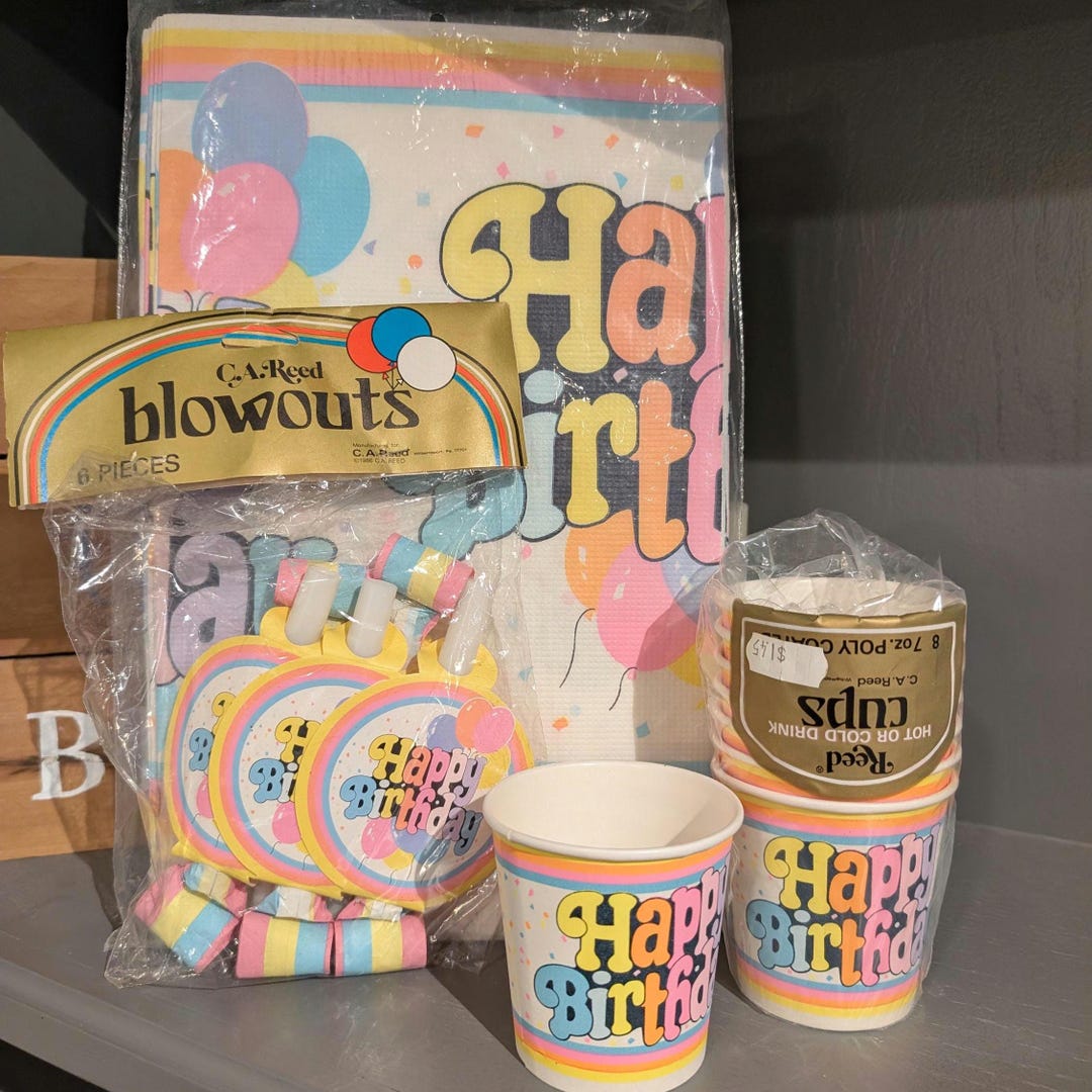 NOS 1986 CA Reed Happy Birthday SET 1980s Birthday Tablecloth Cups and ...