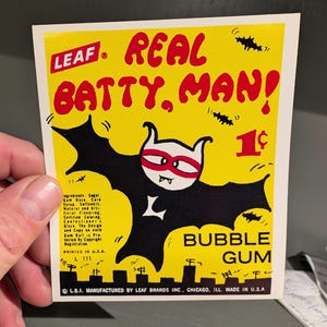Letrero de cartón con precio de máquina de chicles de Batty Man, de la década de 1960, para tienda minorista o de comestibles, original, de Batman con chicles vintage