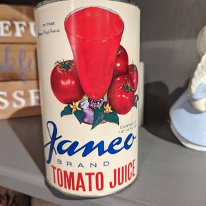 1960&#39;s Janco Tomato Juice can label on can Kitchen Products Original Vintage Janney-Marshall, Fredericksburg, Virginia