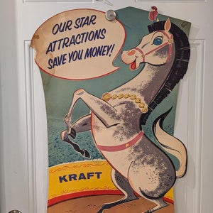 Poster del negozio di alimentari Circus Horse Kraft Foods Circus degli anni '60 - Cartello in carta fustellata - Vecchio e originale 29" x 20"