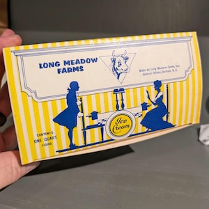 NOS 1940s Long Meadow Farms Ice Cream Shop Ice Cream Box - 1 Pint - Lot of 1 - Shipped Unfolded