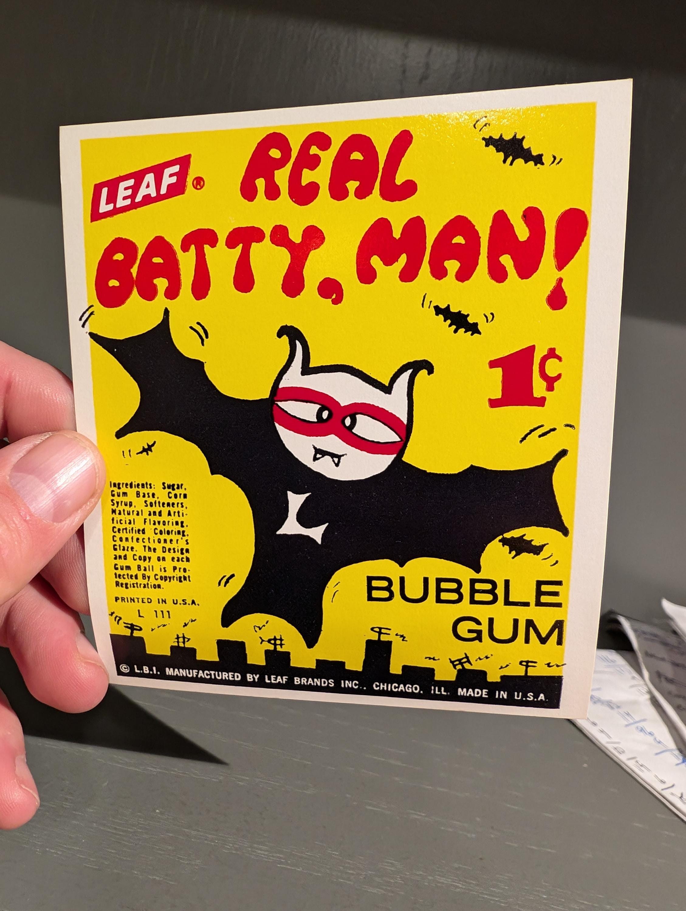 NOS 1960s Leaf Real Batty Man Gumball Machine Price Sign - Cardboard ...
