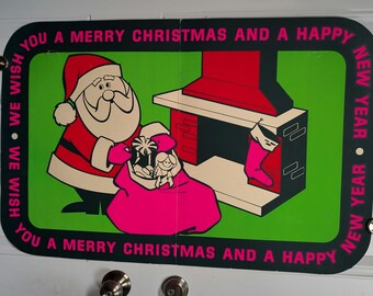 Large 1960s Variety Store Santa Claus Wishing You A Merry Christmas Double Sided Hanging  Display  Original 5 and Dime  Store Sign Decor