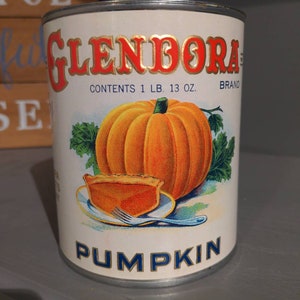 1920's Glendora Pumpkin Pie Filling can label on can Original Vintage Glendora Products, Warren Pennsylvania