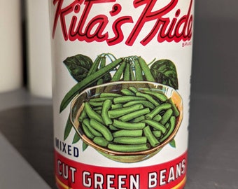 1960&#39;s Rita&#39;s Pride Brand Green Beans  can label on can Original Vintage Sheridan Canning, Sheridan, New York
