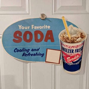 Large 1960  Original Vintage &quot;Freezer Fresh&quot; Ice Cream Float Soda Sign - Old.