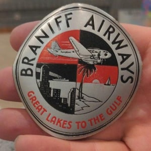 Etichetta gommata anni '50 della Braniff Airways Airlines Great Lakes to Gulf - Vecchia e originale - Decalcomania vintage da viaggio o valigia